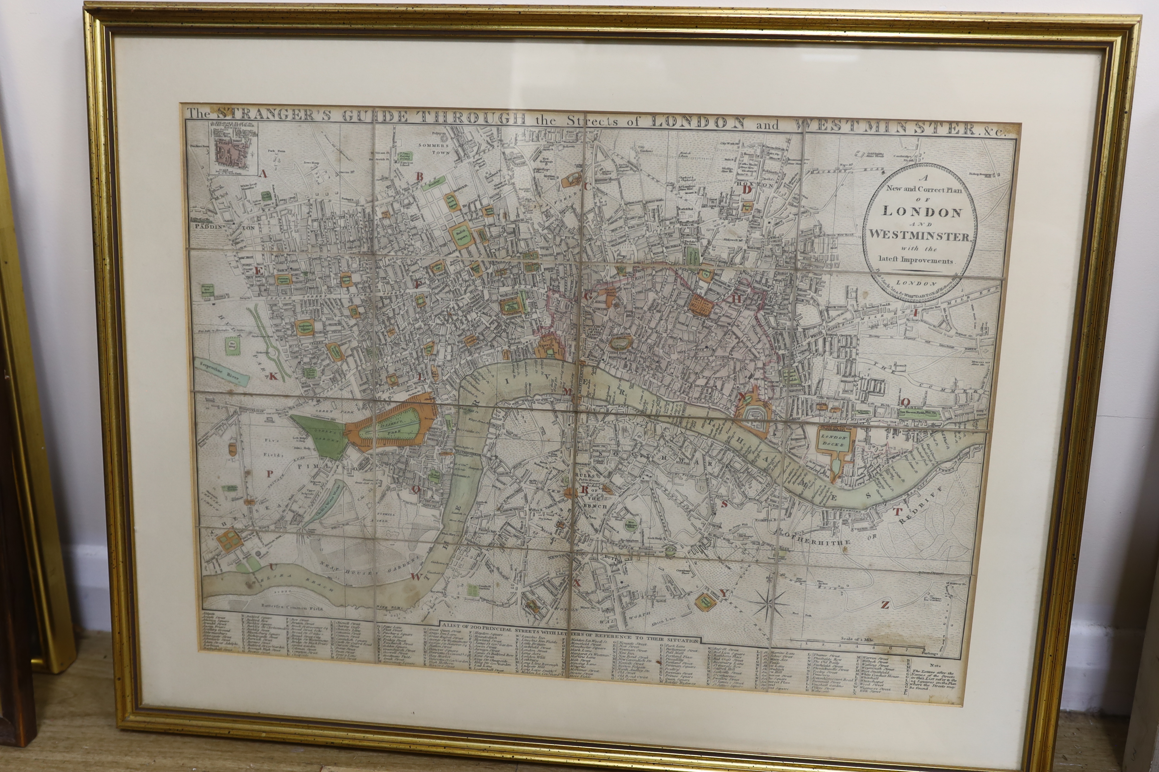 William Darton (1755-1819), folding hand coloured map, New and Correct Plan of London and Westminster with the Latest Improvements, publ. 1814, William Darton, framed, together with John Cary, hand coloured engraved map